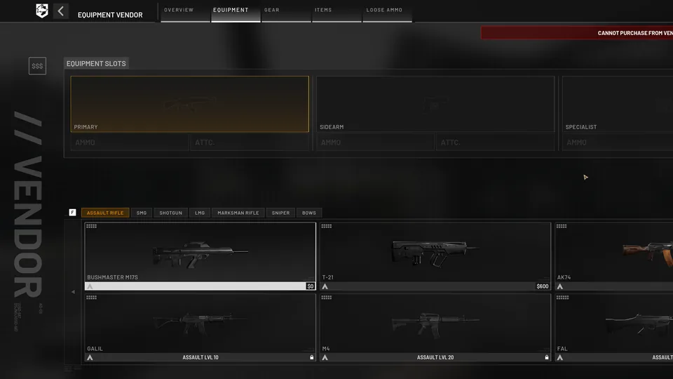 The equipment vendor's Assault Rifle tab. Locked rifle tiles read Assault level 10 for the Galil and Assault level 20 for the M4.