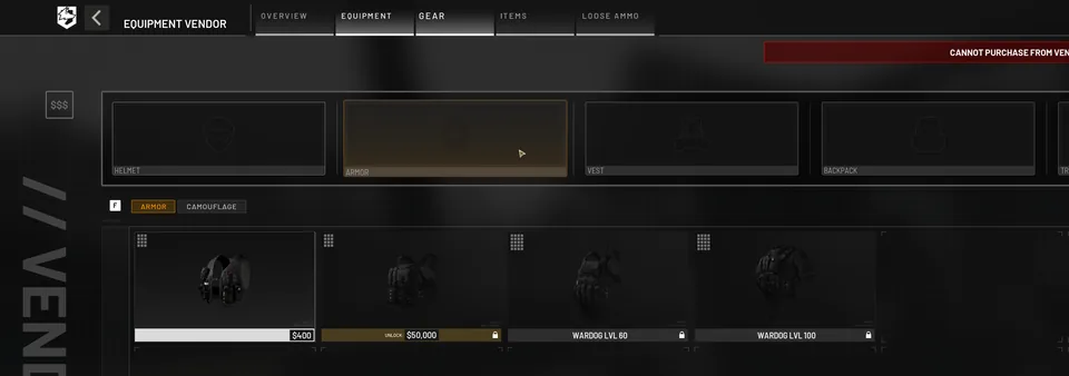 The vendor's Gear tab with Armor selected: four armor tiles, the first with a price, the second with an unlock price and two locked behind Wardog levels.