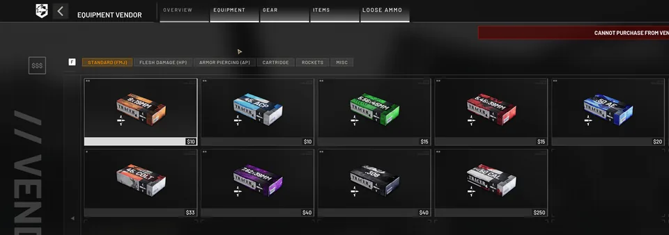 The vendor's Loose Ammo tab with Standard (FMJ) selected, showing ammunition boxes by calibre with their prices, and tabs for Flesh Damage (HP) and Armor Piercing (AP).