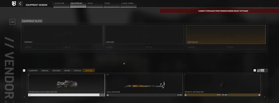 The vendor's Specialist slot on the Tactical tab: the improvised explosive device, the Halligan bar and the locked remote detonator.