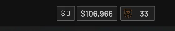 The top right corner of the equipment vendor showing the cart total, the cash balance and the level badge.